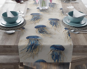 Blauwe tafelloper met kwallenpatroon | Dinerdecor nautische oceaan