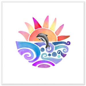 Dolphin Wall Art Framed Print | Coastal Ocean Nursery Decor | Whimsical Sea Animal Poster | Salty Cove Beach Art | Watercolor Waves