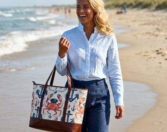 Nautical Crab Pattern Handbag | Anchor Sea Life Tote, Beach Canvas Purse