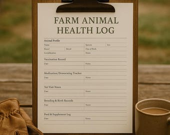 Può includere: Un appunti in legno con un modulo "FARM ANIMAL HEALTH LOG", un guanto in pelle e una tazza di caffè su un tavolo di legno. Il modulo include sezioni per profili di animali, registri di vaccinazione e monitoraggio dei farmaci. È presente anche un rametto di rosmarino.