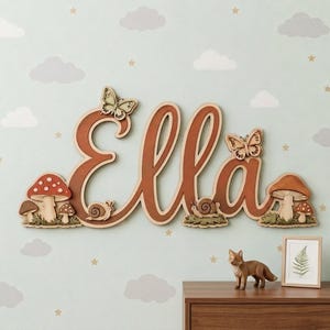 Puede incluir: Un letrero de pared de madera con el nombre Ella en letras cursivas grandes de color marrón. El letrero está decorado con recortes de madera superpuestos de setas rojas con puntos blancos, caracoles marrones y mariposas.