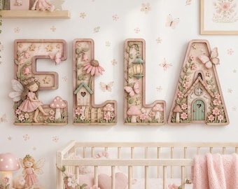 May include: Four large, three-dimensional wooden letters spelling ELLA, decorated with pastel pink flowers, butterflies, a fairy, a birdhouse, a lantern, and a miniature cottage. Each letter features intricate relief carvings and soft, muted color tones.