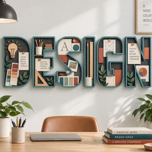 Può includere: Una decorazione da parete composta da sei grandi mensole a forma di lettera con cornice verde acqua che compongono la parola DESIGN. Ogni lettera contiene vari articoli da ufficio, note cartacee, campioni di colore e piccole foglie verdi.