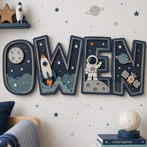 Letrero personalizado con nombre para habitación infantil con temática espacial, letras de madera personalizadas para decoración de pared, decoración para habitación de bebé niño con temática de astronauta, cohete, luna y galaxia, regalo para recién nacido