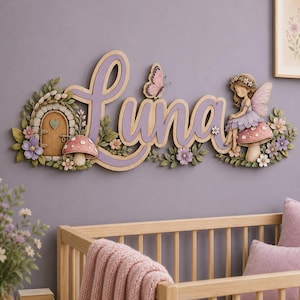 Personlig namnskylt för älvor, väggdekoration i trä för flickor, namnskylt med blommig svamp, anpassad barnrumsdekoration
