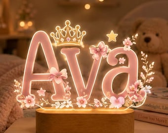 Personalized Name Night Light, Princess Crown Floral LED Nursery Lamp, Custom Baby Girl Acrylic Sign, Pink Bow Newborn Gift
