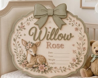 May include: A scalloped wooden wall plaque featuring a sage green bow at the top, a fawn illustration, and floral accents. The text reads Willow Rose with blank lines for Date, Time, Weight, and Length. A light brown teddy bear with a green ribbon sits nearby.
