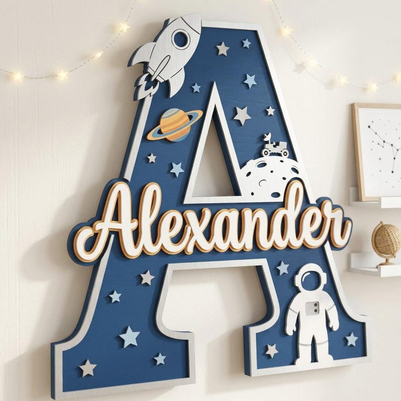 Personalized Space Nursery Name Sign, Astronaut Rocket Wood Letter Wall ...
