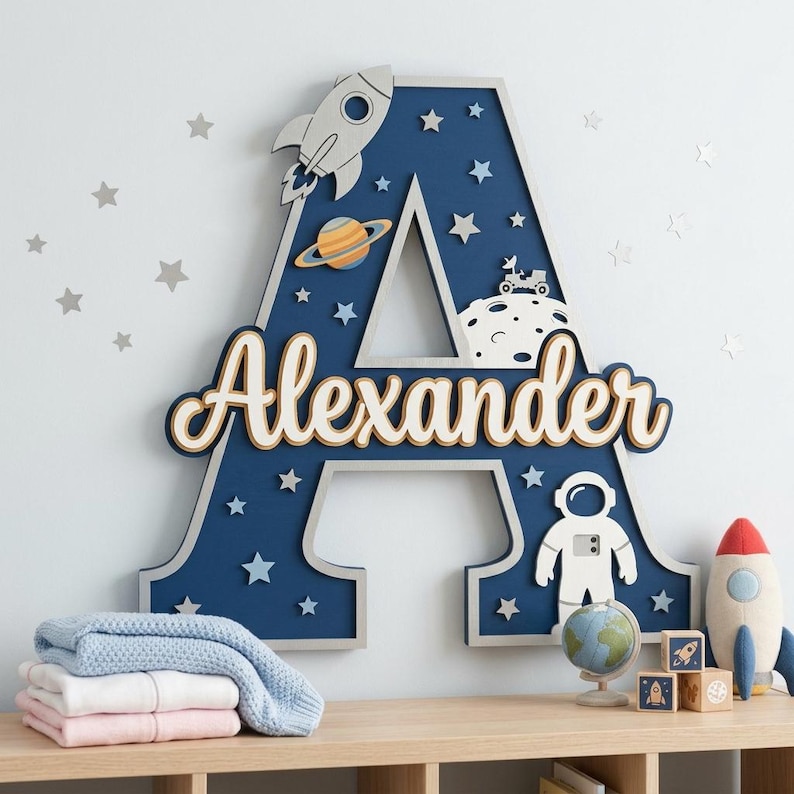 Personalized Space Nursery Name Sign, Astronaut Rocket Wood Letter Wall ...