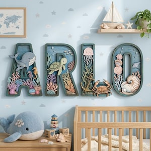 Personalisierte Ocean Kinderzimmer Namensschild, Holz geschichtete Buchstaben Wanddekor, Unter dem Meer Babyzimmer Dekor, Ocean Benutzerdefinierte Kinder Namen Geschenk