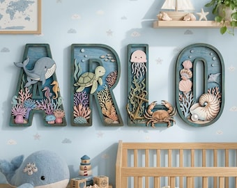 Personalized Ocean Nursery Name Sign, Wooden Layered Letters Wall Decor, Under The Sea Baby Room Decor, Ocean Custom Kids Name Gift