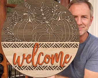 Pumpkin Fall Door Sign, Rustic Wooden Welcome Door Hanger, Hello Fall Front Porch Decor