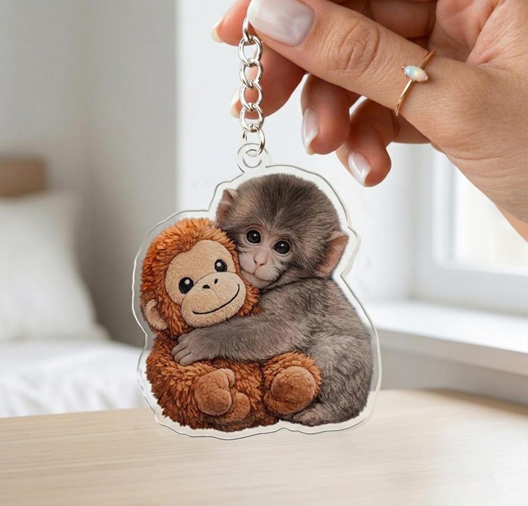 Viral Punch Monkey Keychain Keyring, Cute Baby Monkey Wooden Charm ...