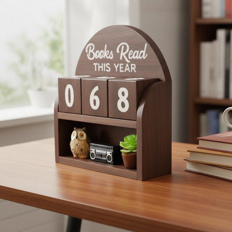 Może przedstawiać: Drewniany kalendarz z napisem "Books Read This Year" nad trzema blokami z numerami wyświetlającymi "068". Poniżej wystawiona jest mała figurka sowy, miniaturowe radio i sukulent w doniczce. Kalendarz stoi na drewnianej powierzchni.