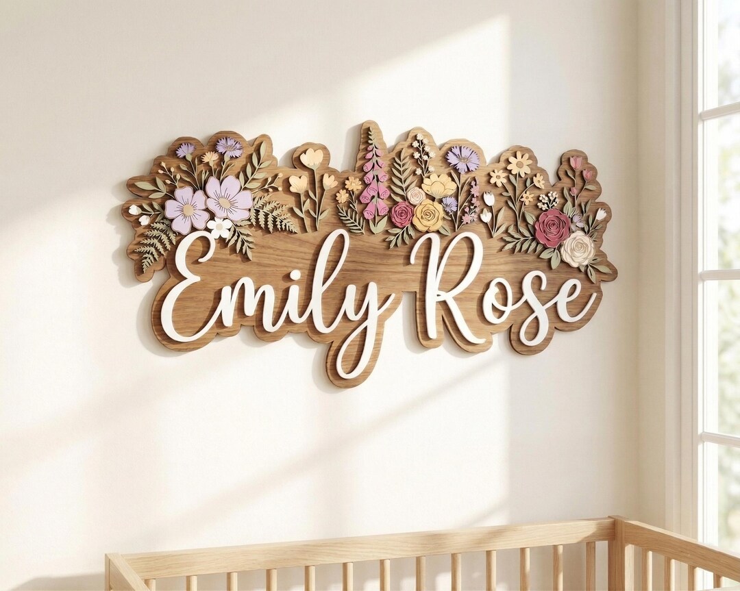 Custom Floral Nursery Name Sign, Personalized Wooden Baby Name Wall ...