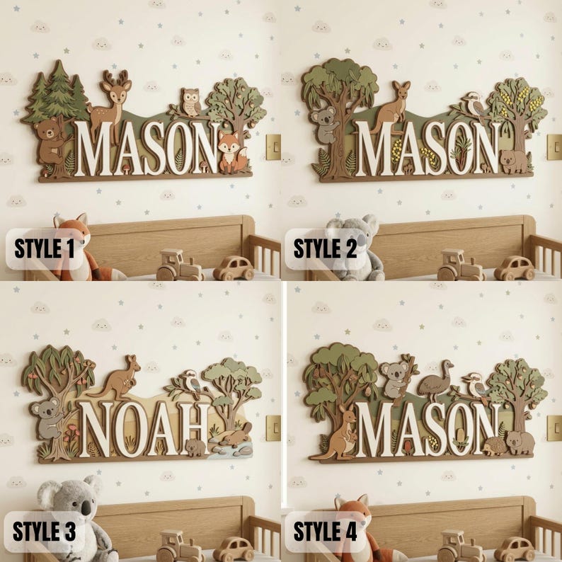 May include: Wooden name signs with animal and tree designs. The names "MASON" and "NOAH" are displayed in white, with various animal and tree designs in shades of brown and green. The signs are displayed above a wooden bed.