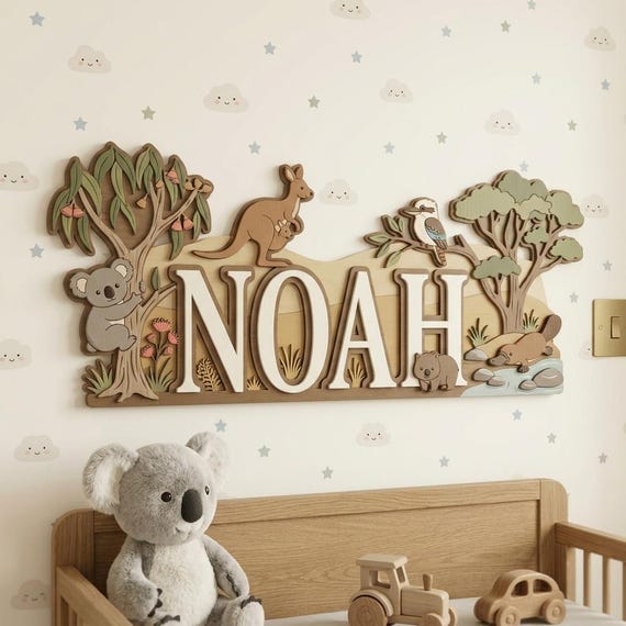 Personalized Baby Name Sign Australian Theme, Custom Koala Kangaroo Wombat Nursery Decor, 3D Wooden Animal Wall Art, Kids Room Gift