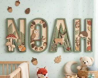 Personalized Woodland Nursery Name Sign, Wooden Layered Letters Wall Decor, Forest Animal Baby Room Decor, Woodland Custom Kids Name Gift