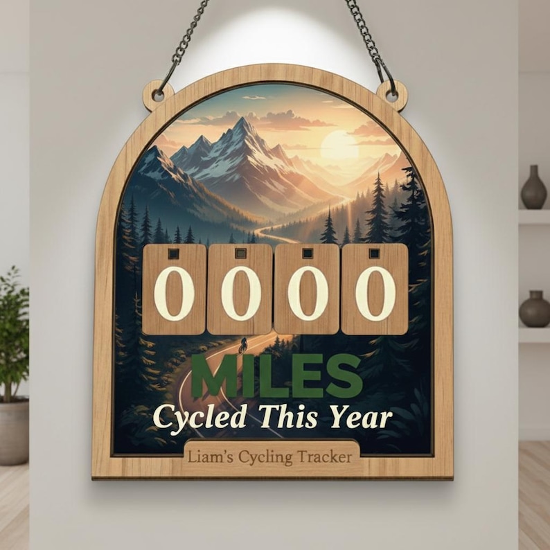 May include: Wooden cycling tracker with a mountain landscape background. The tracker displays "0000 Miles Cycled This Year" with a personalized name at the bottom. The frame is light brown, and the image is hanging from a chain.