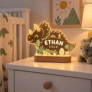 K&ouml;nnte beinhalten: Ein LED-Nachtlicht in Triceratops-Form mit warmem Lichtschein, auf dem der Name ETHAN COLE aufgedruckt ist. Das Design zeigt Illustrationen von Palmen, einem Vulkan und einem Dinosaurier-Ei, montiert auf einem rechteckigen Holzsockel.