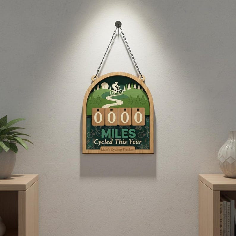 May include: Wooden cycling tracker with a green and brown design. The tracker displays "0000 MILES CYCLED THIS YEAR" with a cycling scene illustration. It hangs from a chain and is mounted on a wall.