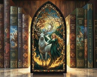 Wkładka do kącika książkowego Aelin „Tron ze szkła”, scena jelenia i ognia Terrasen, przytulna, oświetlona dekoracja półki na książki w stylu fantasy, książkowy prezent dla czytelników