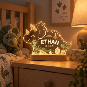 K&ouml;nnte beinhalten: Ein leuchtendes Nachtlicht aus Acryl in Triceratops-Form auf einem rechteckigen Holzsockel. Die Leuchte zeigt ein aufgedrucktes pr&auml;historisches Landschaftsmotiv mit Palmen, einem Vulkan und einem Ei sowie den Text ETHAN COLE in der Mitte.