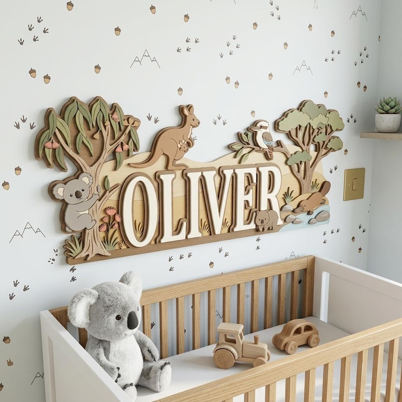 Personalized Baby Name Sign Australian Theme, Custom Koala Kangaroo Wombat Nursery Decor, 3D Wooden Animal Wall Art, Kids Room Gift image 8