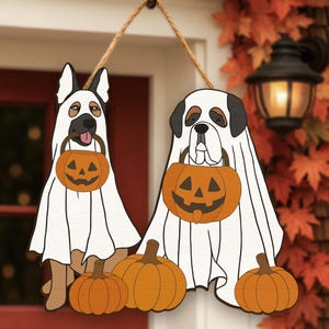 Ghost Welcome Sign Halloween Decor, Wooden Dog Ghost Door Hanger, Cute Puppy in Costume, Fall Spooky Sign, Jack-o’-Lantern Porch Decor