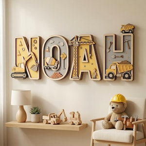 Personalized Construction Name Sign, Custom Excavator Nursery Decor, Dump Truck Wooden Name Sign, Construction Wall Art, Baby Boy Room Gift