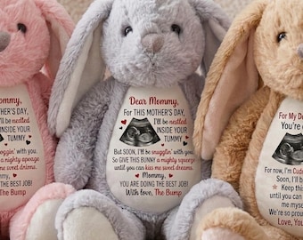 Gepersonaliseerde echografie foto konijntje voor moeder, Moederdagcadeau van de bult, aangepaste zwangerschap onthullen pluche, lekker in je buik aandenken
