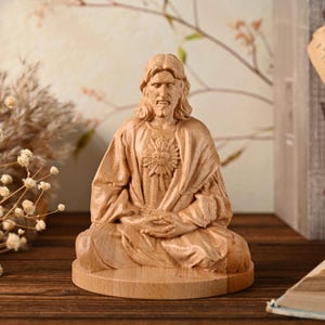Hand-Carved Jesus Meditation Statue - European Beechwood - Christ Prayer Figure - Christian Altar Decor - Mindful Faith Gift