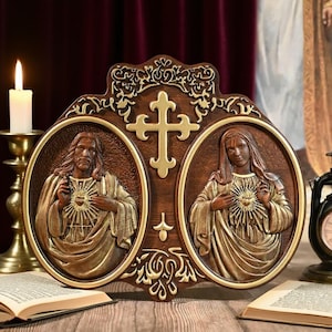Handmade European Beechwood Plaque - Sacred Heart of Jesus & Immaculate Heart of Mary - Catholic Wall Art - Religious Home Decor - Gift