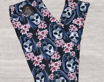Sugar Skull Pink Cherry Blossom Capri or Full Length leggings