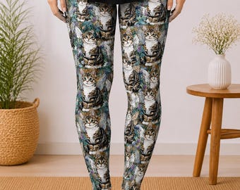 Whimsical Fairy Kitty Cat Print Leggings with Pockets - Capri or Full Length