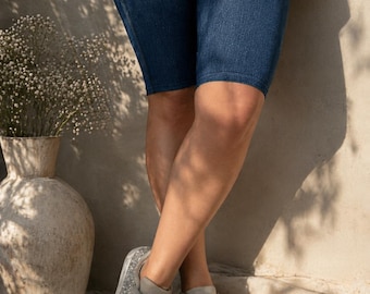 Faux Blue Denim Print Bermuda Shorts with Back Pockets