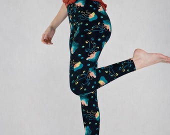 Watercolor Jellyfish Printed Black Soft Leggings - Adult & Kid Sizes