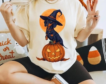 Lustiges Halloween T-Shirt Dackel: Witch Dackel Hund, gruseliger Kürbis