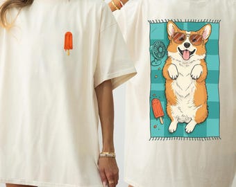 Corgi Summer T-Shirt, Beach Dog Graphic Tee, Front & Back Print