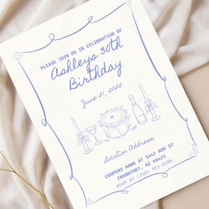 Editable Birthday Party Invitation Hand Drawn Scribble Cocktail Invitation, 21st, 30th, 40th, 50th, Birthday Invite Printable Canva Template