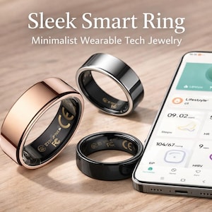 May include: Three smart rings in rose gold, silver, and black are displayed next to a smartphone. The phone screen shows health and lifestyle data. The rings have a sleek, minimalist design, and the text "Sleek Smart Ring" is visible.