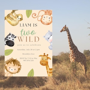 Safari Birthday Invitation | Two Wild 2nd Birthday Invite for Him or Her | Jungle Animal Party Template | Editable Canva | Instant Download