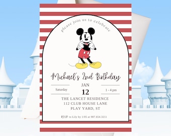 Mickey Mouse Birthday Invitation | Red & Black Striped Party Invite for Boy | Classic Mickey Theme | Printable | Instant Download