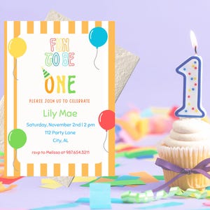 Fun to Be One 1st Birthday Invitation | Editable Balloon Party Template | Colorful Printable for Boy or Girl | Instant Download
