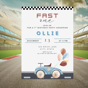 Fast One Birthday Invitation | Editable Race Car 1st Birthday Invite | Vintage Blue Racing Theme | Canva Template | Instant Download