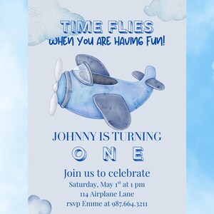 Time Flies 1st Birthday Invitation Template, Airplane 1st Birthday Invitation, Boy Airplane Party Invite, Kid Birthday Invite