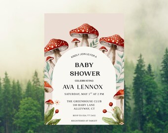 Mushroom Baby Shower Invitation | Woodland Baby Shower Invite | Gender Neutral Baby Invite | Editable Canva Template | Digital Download
