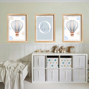 Kundenspezifisches Set mit 3 Heißluftballon-Kinderzimmerdrucken | Rosa oder Blau Baby Wandkunst | Personalisierte Name Dekor | Druckbare Kinderzimmer Dekor