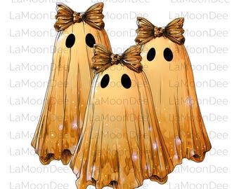 Cute Ghost PNG, Gold Bow, Halloween Spooky Clipart (Digital Download)