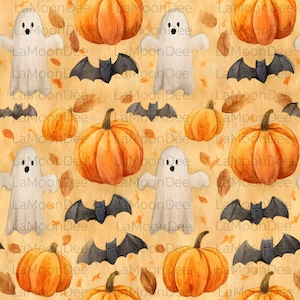 Wzór ducha i dyni na Halloween, akwarelowy duch i papier cyfrowy z dynią, uroczy papier cyfrowy na Halloween, upiorne tło